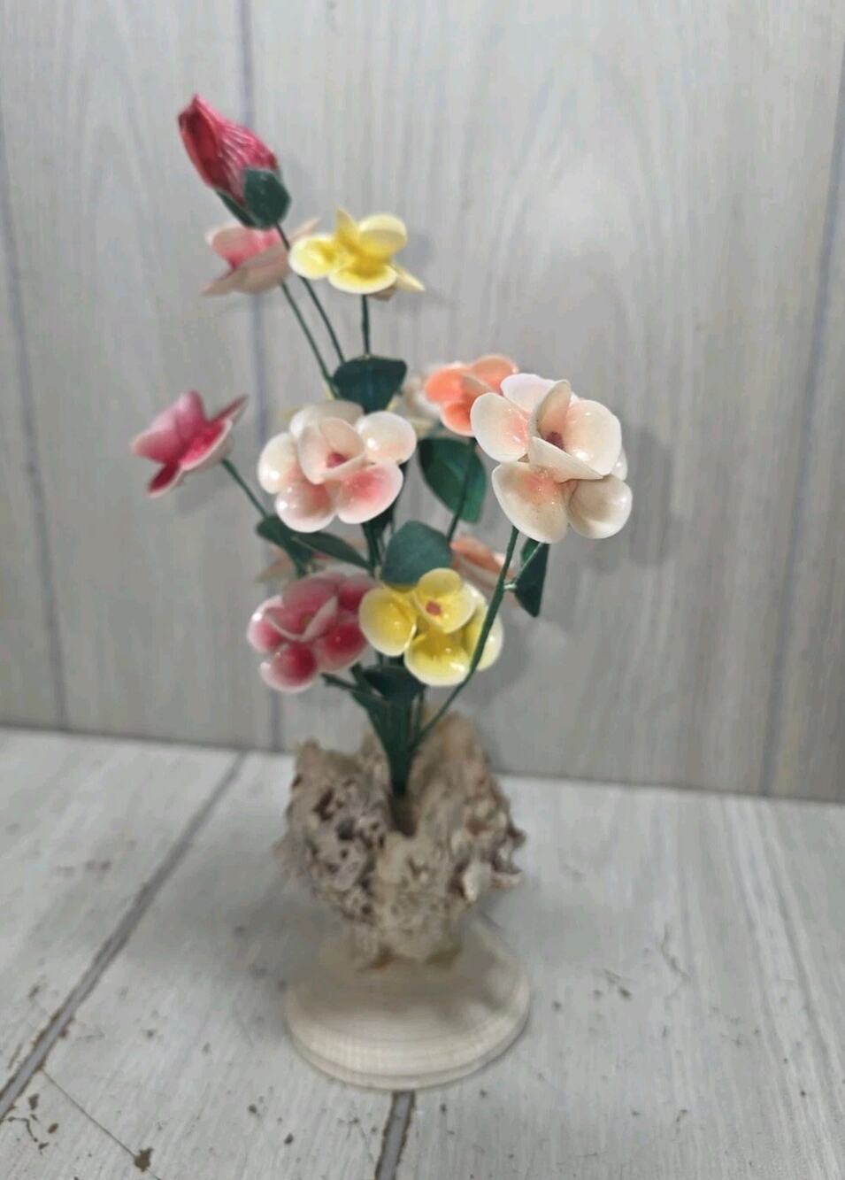 Vintage Handmade Seashell Flower Bouquet Arrangement Tropical Beachy